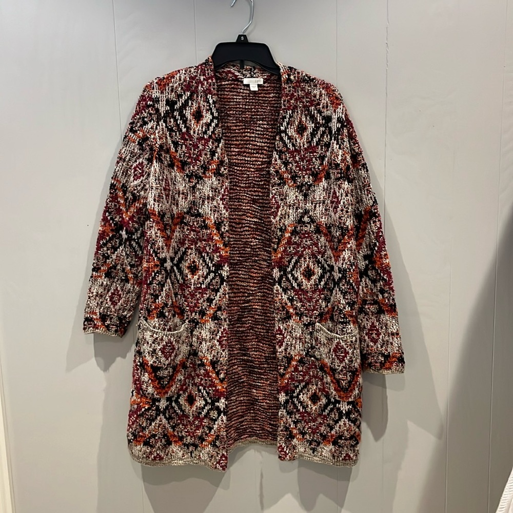J. Jill sweater coat.Red, beige, black and orange.Open front with front pockets.